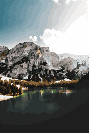 A large body of water surrounded by trees and snow-capped mountains in the background, pixel art