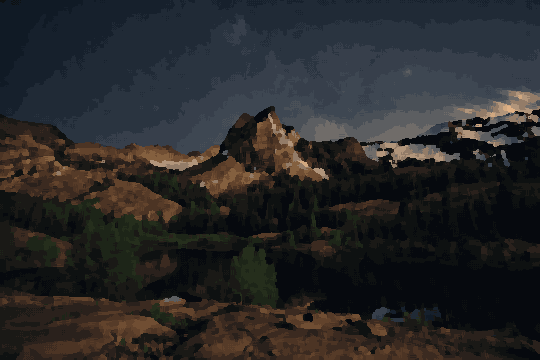 A mountain range with a lake in the foreground, surrounded by trees and rocks, pixel art