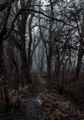 A path winding through a dark forest, with tall trees on either side and dry leaves scattered along the path, pixel art