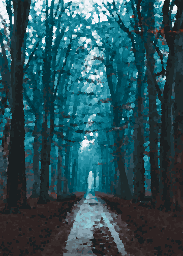 A path winding through a forest of trees, with dried leaves scattered on the ground, pixel art