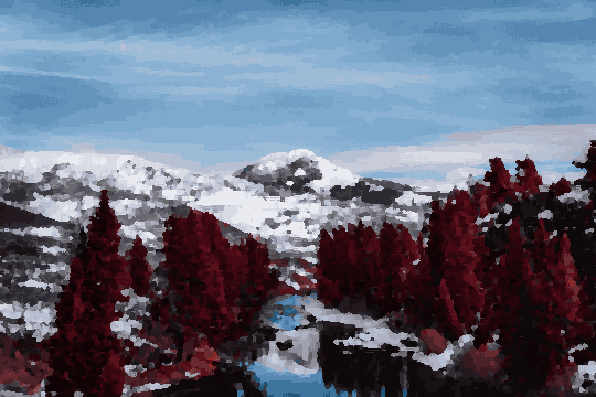 A river winding through a snowy mountain range, with trees in the foreground and a sky filled with clouds in the background, pixel art