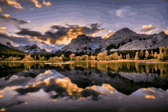 A stunning sunset over a mountain lake in Banff National Park, Alberta, Canada, pixel art