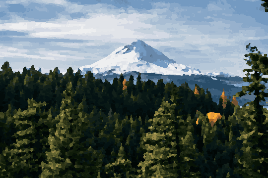 Snow-Capped Mount Hood Amidst Green Forests pixel art wallpaper