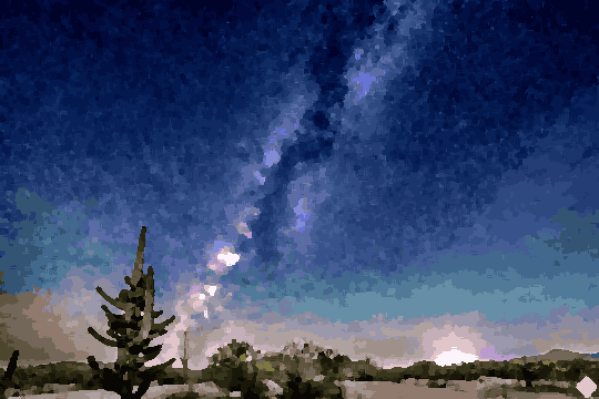 A night sky filled with stars, illuminated by the Milky Way, over a desert landscape with cactus plants, trees, and mountains in the background, pixel art
