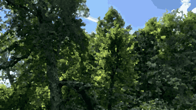 A large tree in the middle of a forest, with a bright blue sky in the background, pixel art