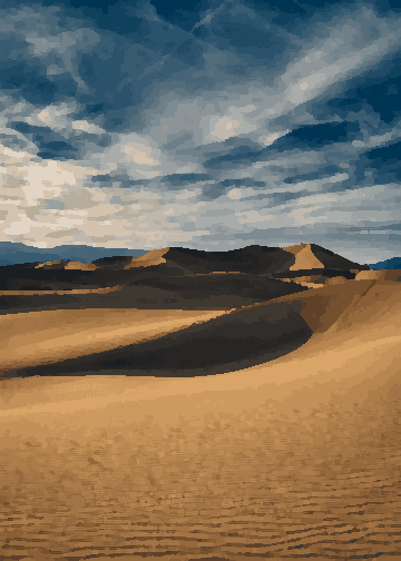 Desert Sand Dunes And Distant Mountains — pixel art version