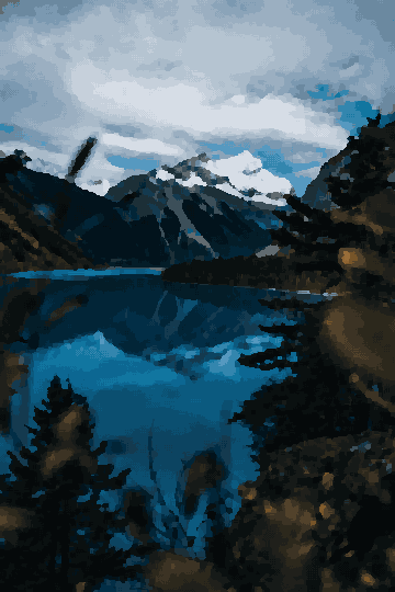 Lake Mountains Trees Shore Landscape Preview pixel art wallpaper