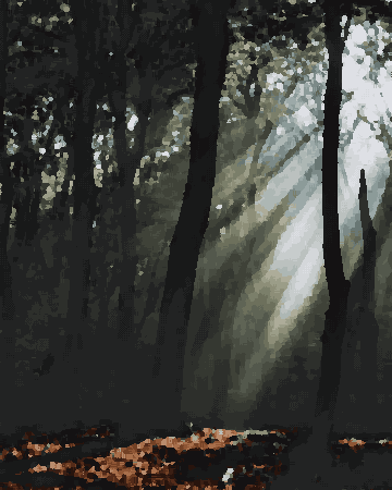 A dark forest with sunbeams shining through the trees, illuminating the dried leaves on the ground below, pixel art
