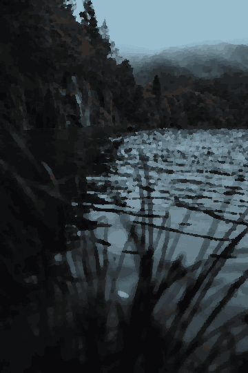 Foggy Lake Coast Cliff Forest Waterfall — pixel art version