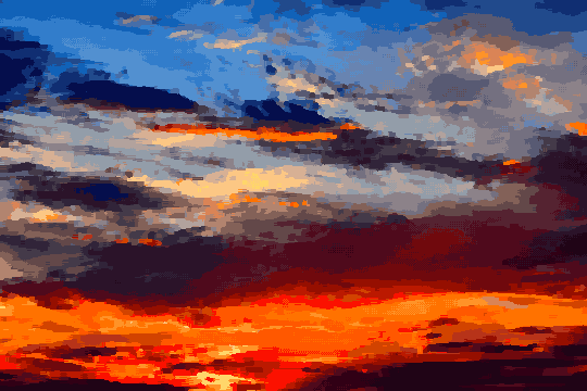 A beautiful sunset with the sun setting in the background, casting a warm orange glow over the clouds in the sky, pixel art
