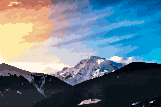 Sunset Over Snow-Capped Mountain Peaks — pixel art version
