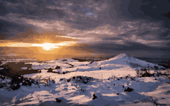 Winter Sunset Over Snowy Hills — pixel art version