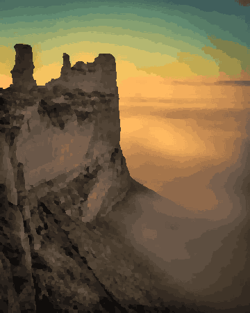 A majestic rock formation in the middle of a desert at sunset, with the sky in the background illuminated in a beautiful array of oranges, pinks, and , pixel art