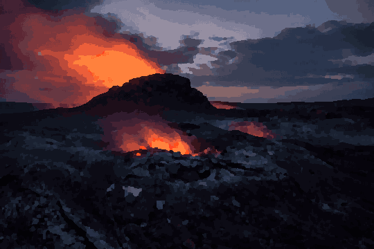 Volcano Crater Erupting Lava At Sunset — pixel art version