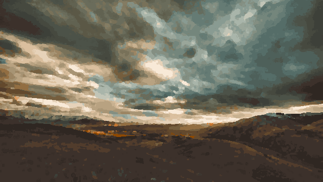 A beautiful sunset over a mountain range with a cloudy sky in the background, pixel art