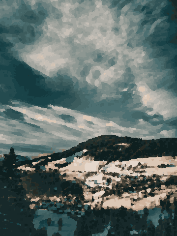 A snow covered mountain with trees in the foreground and a sky with clouds in the background, pixel art