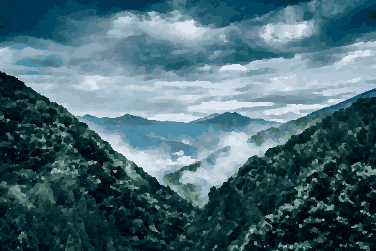 Aerial View Of Mountain Range And Fog pixel art wallpaper