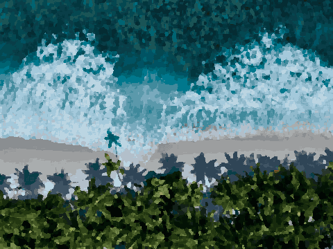 An aerial view of a beach with palm trees and waves crashing onto the shore, pixel art
