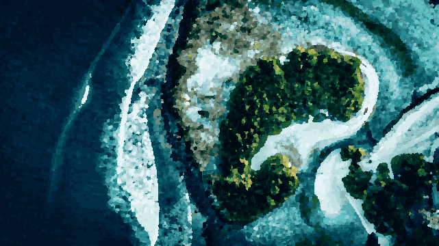 An aerial view of a small island in the middle of the ocean, surrounded by lush green trees and crystal clear blue water, pixel art
