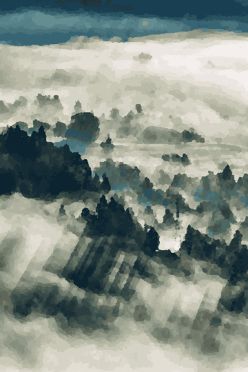 Aerial View Of Foggy Forest In Slovenia — pixel art version