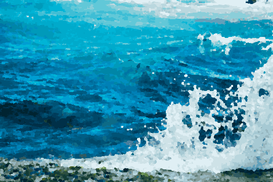 A large wave crashing onto the rocks in the ocean, creating a beautiful contrast between the blue of the water and the green of the rocks, pixel art