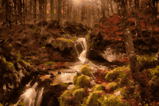 Autumn Forest Waterfall Cascading Over Rocks — pixel art version