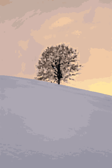 A lone tree standing atop a snow-covered hill, with a clear blue sky in the background, pixel art
