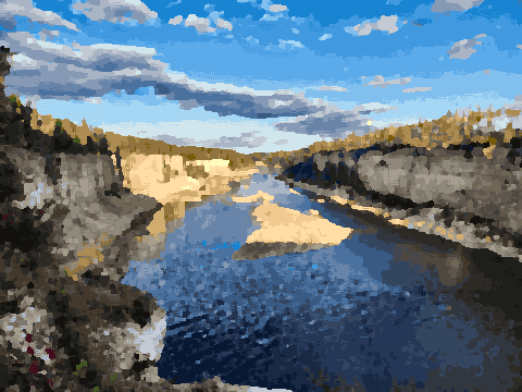 A river running through a rocky gorge surrounded by trees and plants, with a sky filled with clouds in the background, pixel art