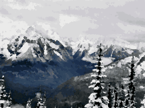 A breathtaking view of a snowy mountain range from the top of a mountain, with trees covered in a blanket of snow and a sky filled with clouds in the , pixel art