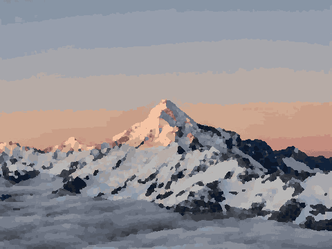 A snow-covered mountain, Mount Everest, rising above the clouds at sunset, pixel art