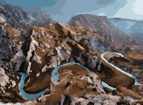 A stunning view of a mountain range with a river running through it, surrounded by lush green hills and a bright blue sky, pixel art