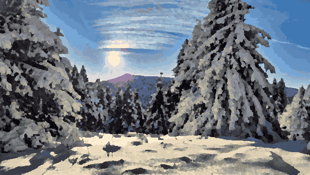 A snow covered forest with the sun shining through the trees, surrounded by hills and a sky with clouds in the background, pixel art