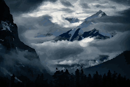 Foggy Mountain Range With Snow Caps — pixel art version