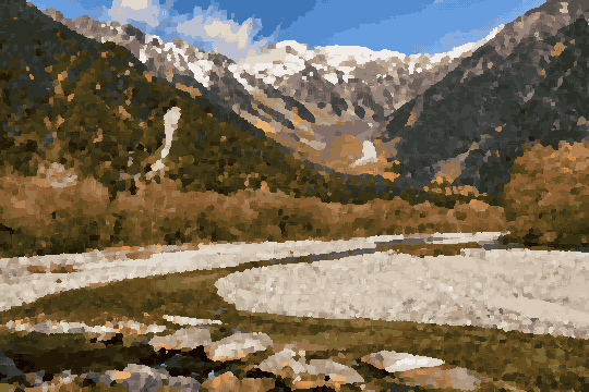 Kamikochi River Valley With Snowy Peaks pixel art wallpaper