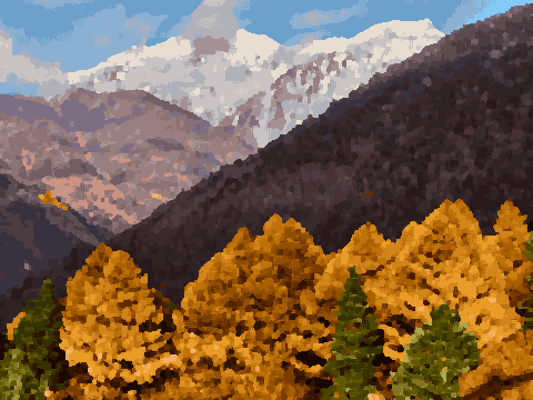 A majestic mountain range with snow-capped peaks in the background, surrounded by lush green trees in the foreground, pixel art
