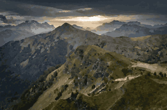 Sun Peaking Through Dolomites Mountain Range — pixel art version