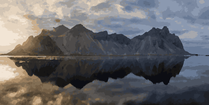 A stunning sunset over a body of water with mountains in the background, illuminated by the warm light of the setting sun, pixel art