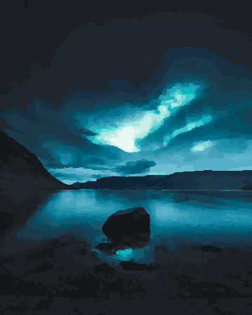 Northern Lights Over Lake And Mountains — pixel art version