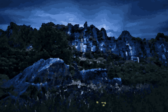 A long exposure shot of a mountain range at night, with trees, rocks, and grass illuminated by the moonlight, pixel art