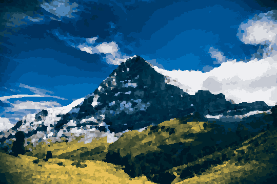 A mountain range with snow-capped peaks in the background, lush green grass on the ground, and a sky filled with clouds, pixel art