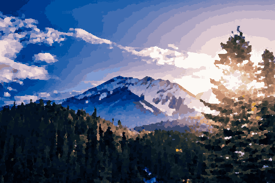 Snow-Capped Peaks At Sunset In Banff — pixel art version