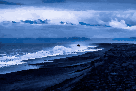 Surfer Riding Wave On Black Sand Beach — pixel art version