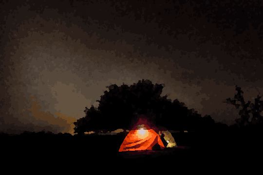 A tent in the middle of a field at night, surrounded by trees and illuminated by a light, pixel art