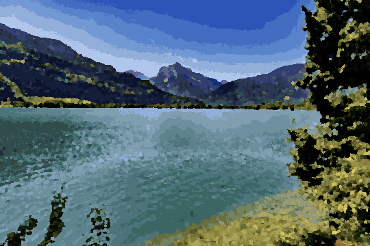 A large body of water surrounded by trees and mountains, with a sky filled with clouds in the background, pixel art