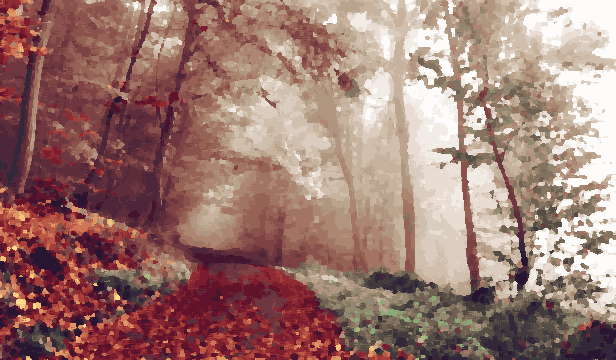 A path winding through a forest in the fall, with trees and plants on either side of the path covered in a blanket of red and orange leaves, pixel art