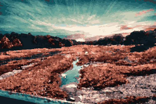 A river running through a lush green field with trees in the background, pixel art