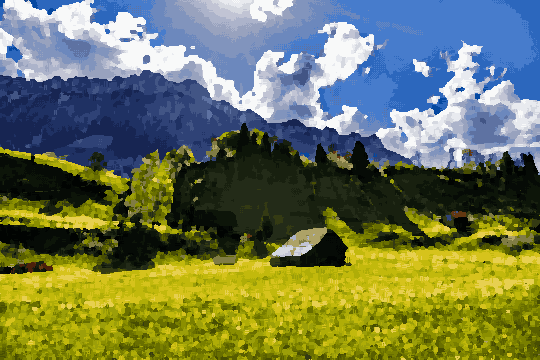 A grassy field with a hut in the middle, surrounded by trees and hills in the background, pixel art