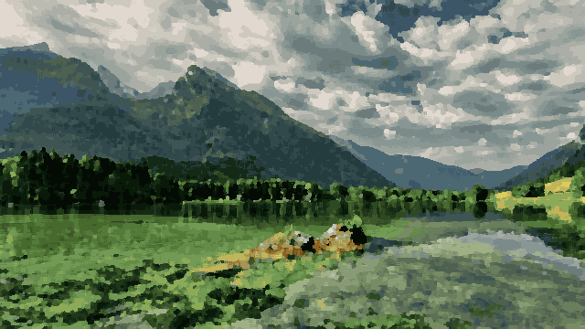 A stunning view of a lake surrounded by lush green trees and majestic mountains in the background, pixel art