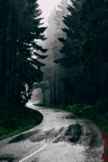 A winding road snaking through a lush green forest, with tall trees on either side of the road, pixel art