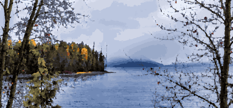 Autumn Lake Island Forest Landscape — pixel art version